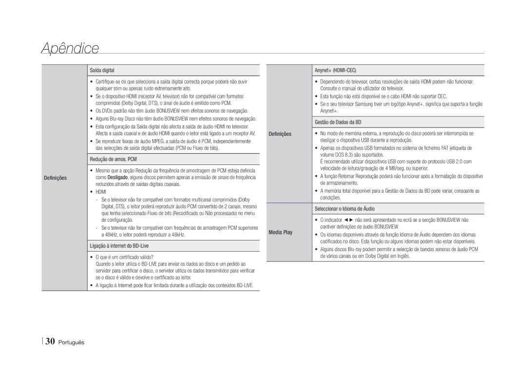 Samsung BD-E5500/ZN manual Definições Saída digital, Redução de amos. PCM, Desligar o dispositivo USB durante a reprodução 