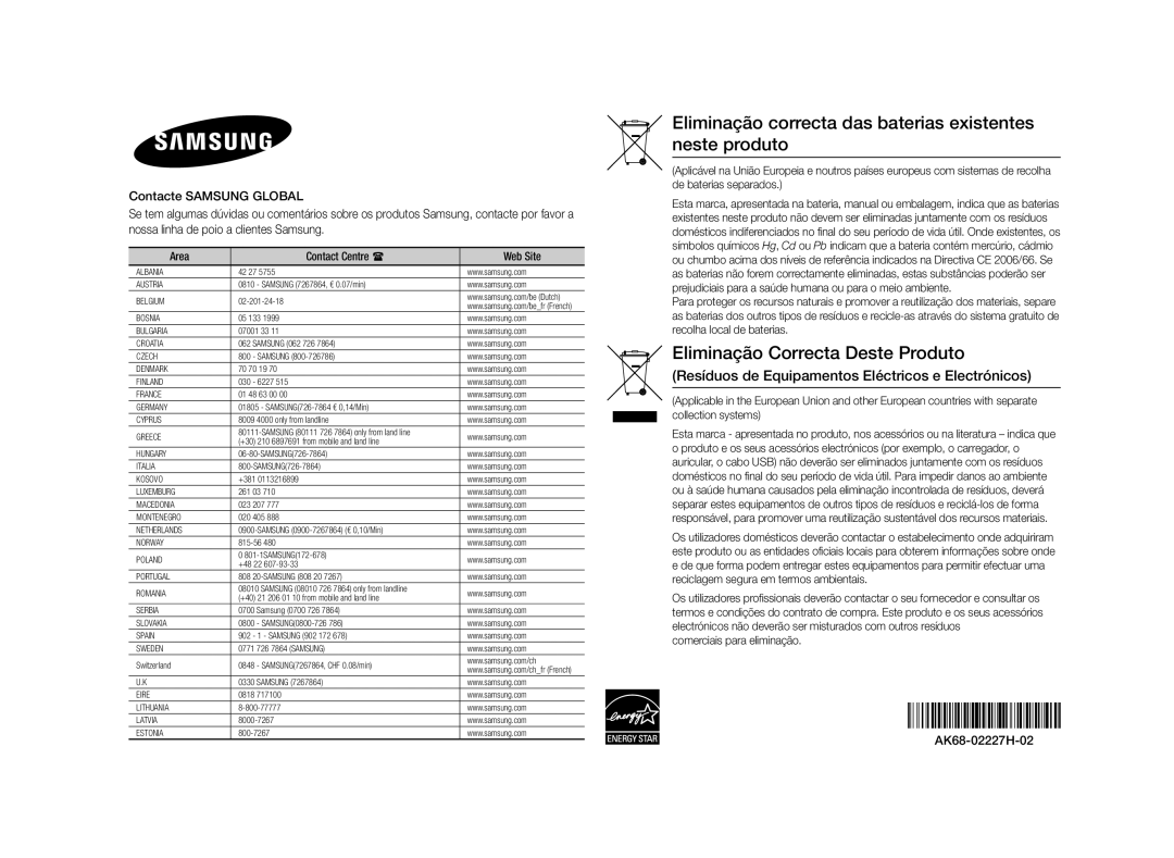 Samsung BD-E5500/ZF Eliminação correcta das baterias existentes neste produto, Comerciais para eliminação AK68-02227H-02 