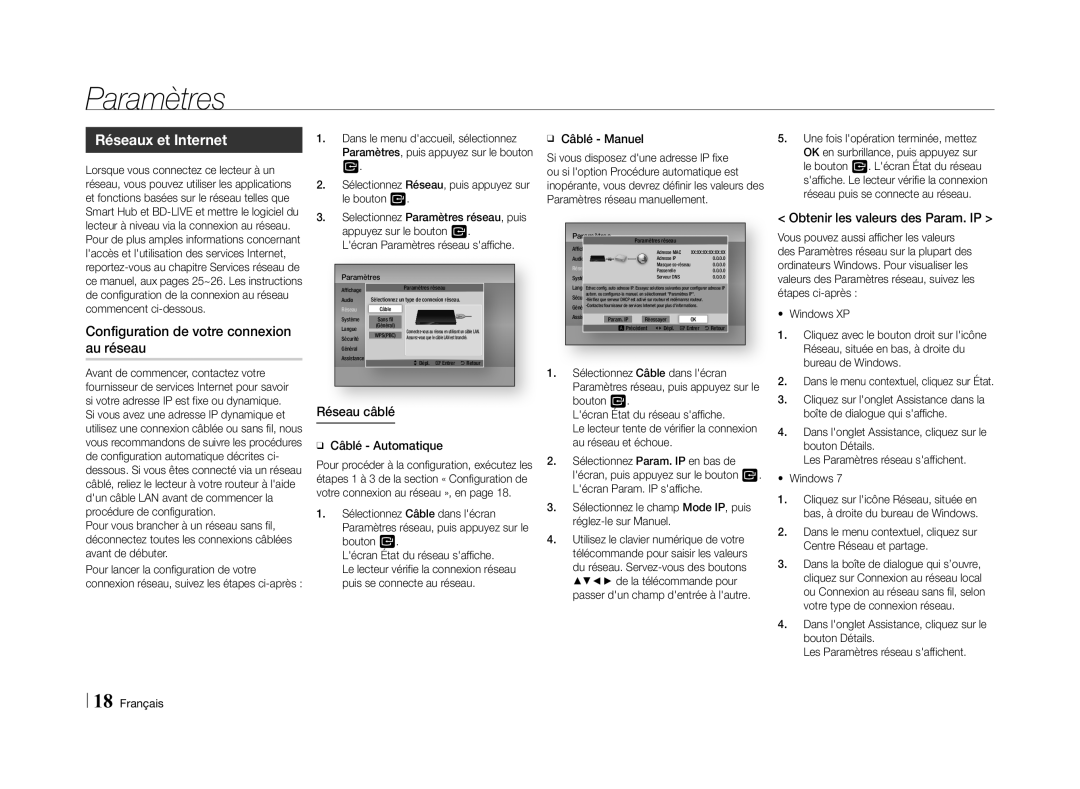 Samsung BD-E5500/ZF, BD-E5500/ZN manual Réseaux et Internet, Configuration de votre connexion au réseau 