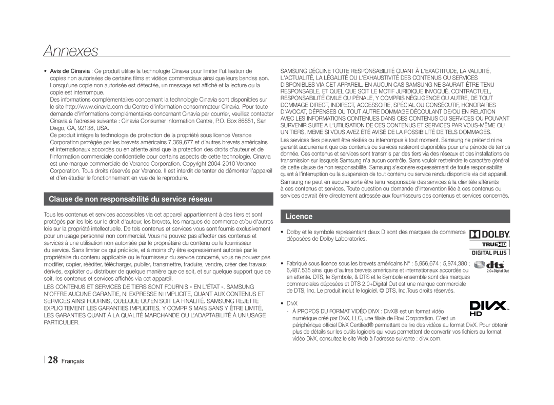 Samsung BD-E5500/ZF, BD-E5500/ZN manual Clause de non responsabilité du service réseau, Licence 