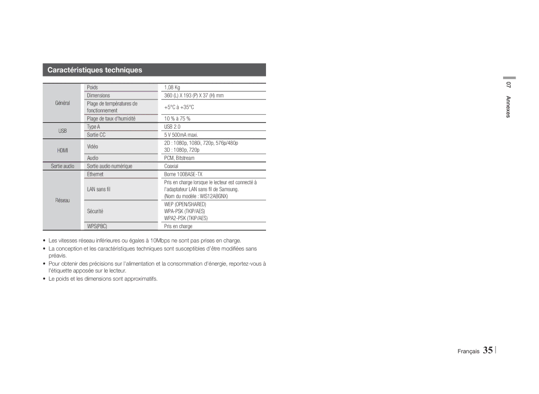 Samsung BD-E5500/ZN, BD-E5500/ZF manual Caractéristiques techniques, Wep Open/Shared, Wpa-Psk Tkip/Aes, WPA2-PSK TKIP/AES 