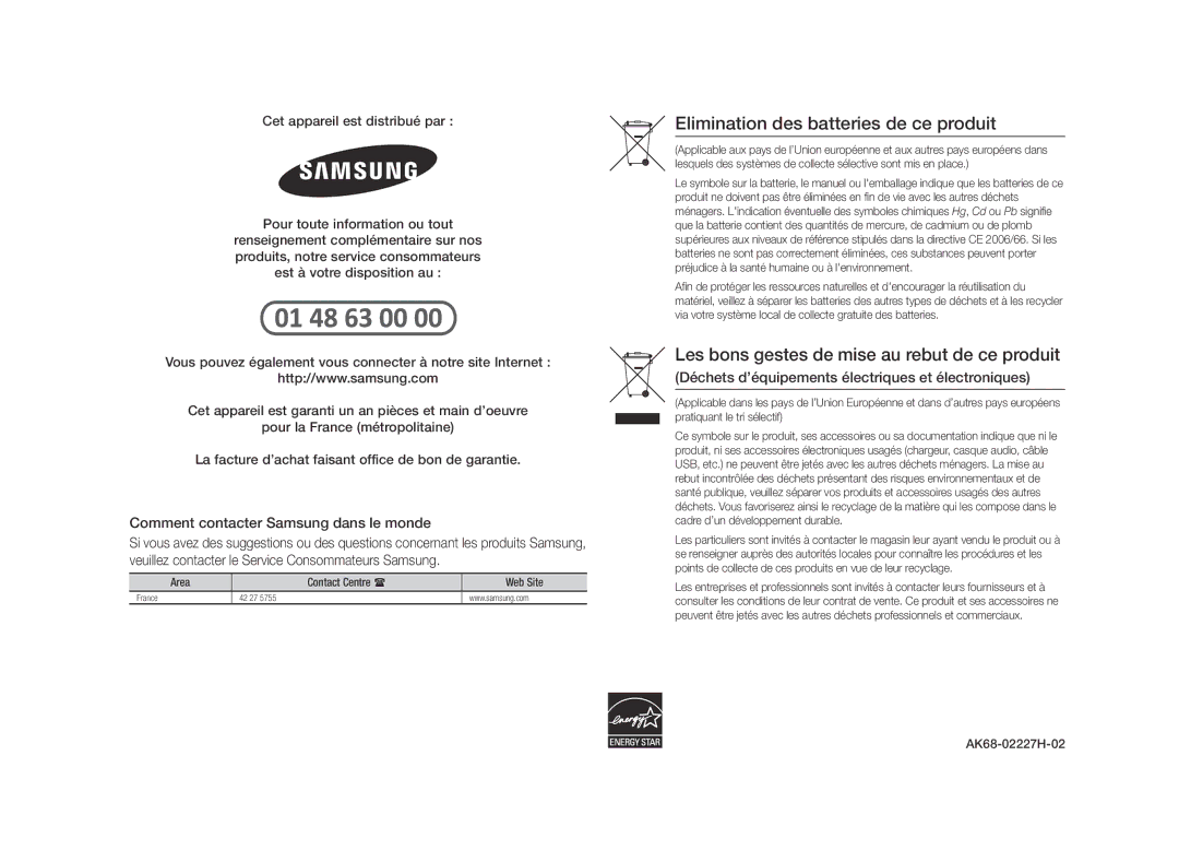 Samsung BD-E5500/ZN, BD-E5500/ZF Comment contacter Samsung dans le monde, Area Contact Centre  Web Site, AK68-02227H-02 