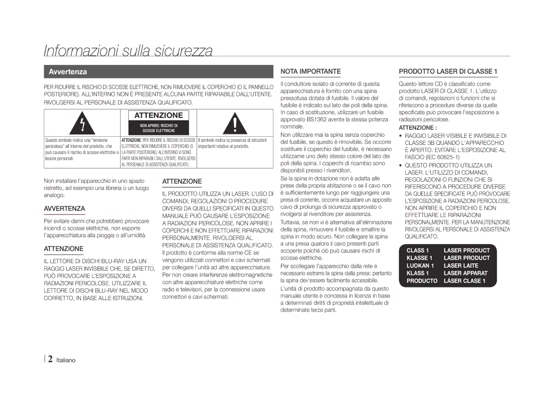 Samsung BD-E5500/ZN, BD-E5500/ZF manual Informazioni sulla sicurezza, Avvertenza 