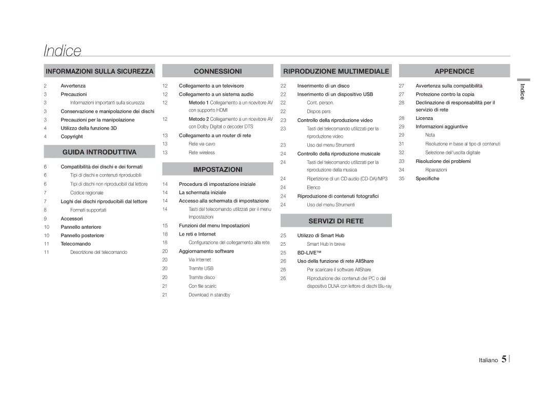 Samsung BD-E5500/ZF, BD-E5500/ZN manual Indice Italiano 