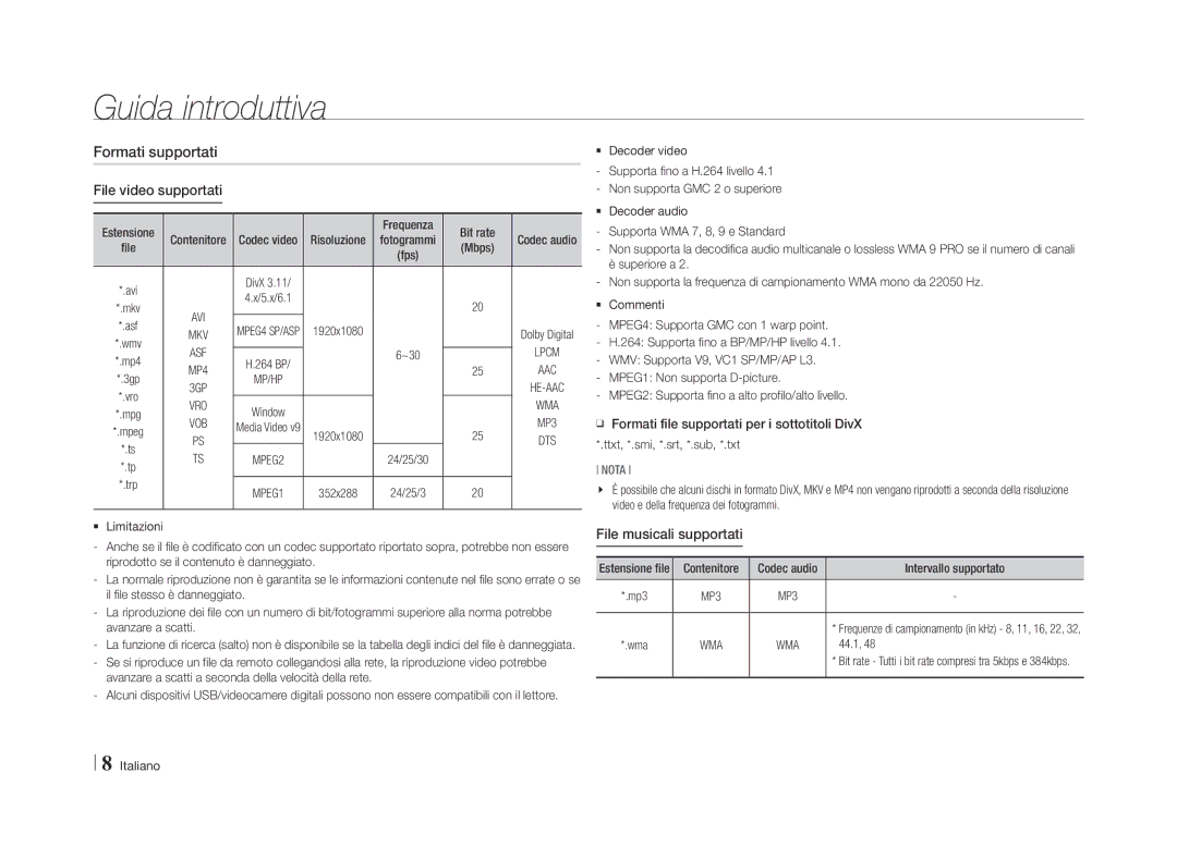 Samsung BD-E5500/ZN, BD-E5500/ZF manual Formati supportati File video supportati, File musicali supportati 