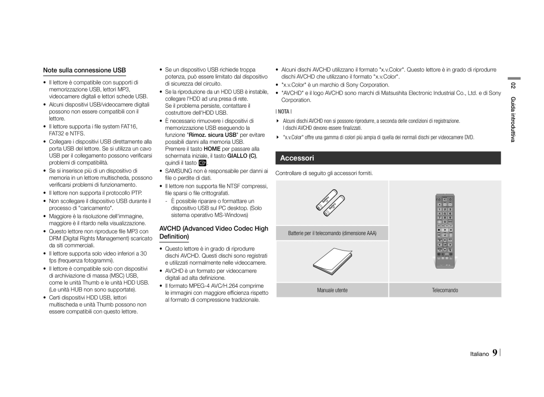 Samsung BD-E5500/ZF, BD-E5500/ZN manual Accessori, Avchd Advanced Video Codec High Definition 