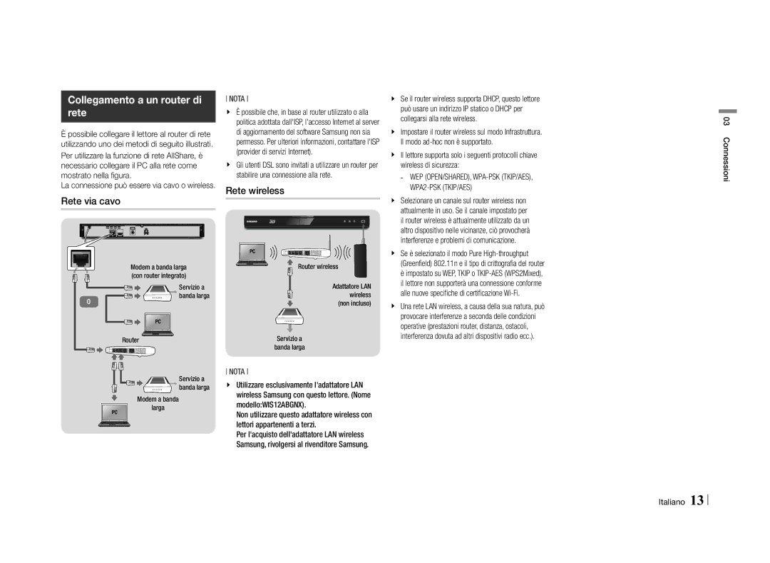 Samsung BD-E5500/ZF, BD-E5500/ZN manual Collegamento a un router di rete, Rete via cavo, Rete wireless, Connessioni 