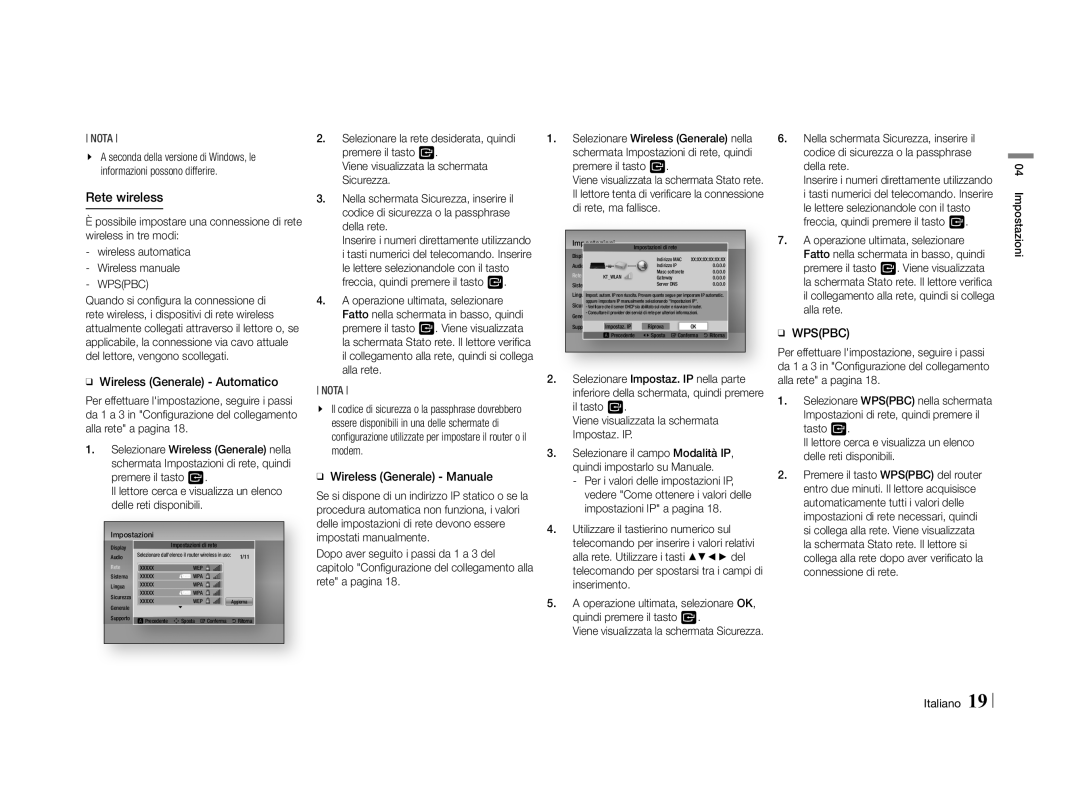 Samsung BD-E5500/ZF, BD-E5500/ZN manual ĞĞ Wireless Generale Automatico, ĞĞ Wireless Generale Manuale, Impostazioni Italiano 