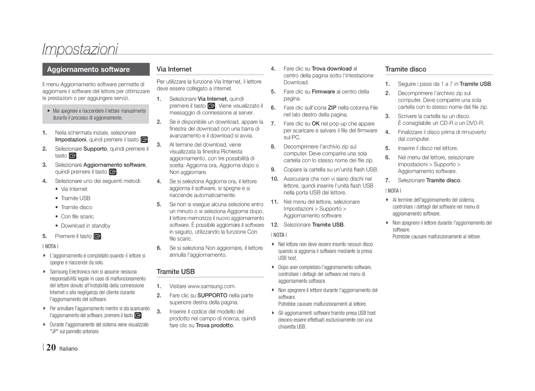 Samsung BD-E5500/ZN, BD-E5500/ZF manual Aggiornamento software, Tramite USB, Tramite disco 