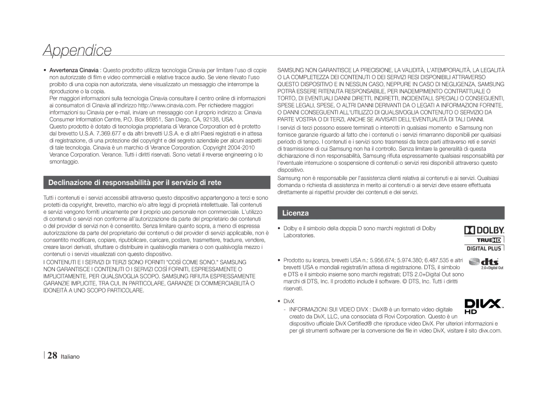 Samsung BD-E5500/ZN, BD-E5500/ZF manual Declinazione di responsabilità per il servizio di rete, Licenza 