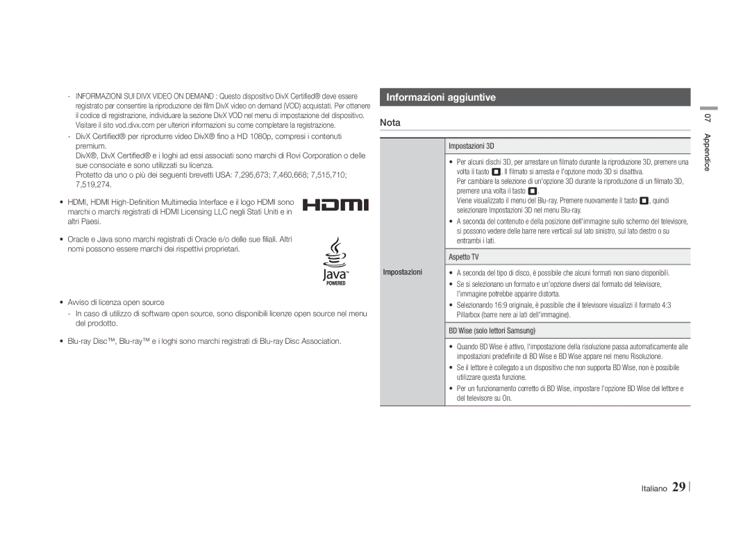 Samsung BD-E5500/ZF, BD-E5500/ZN manual Informazioni aggiuntive, Nota 