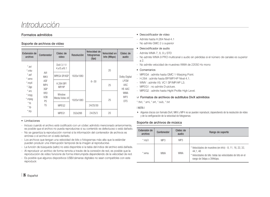 Samsung BD-E5500/ZF, BD-E5500/ZN manual Formatos admitidos Soporte de archivos de vídeo, Soporte de archivos de música 