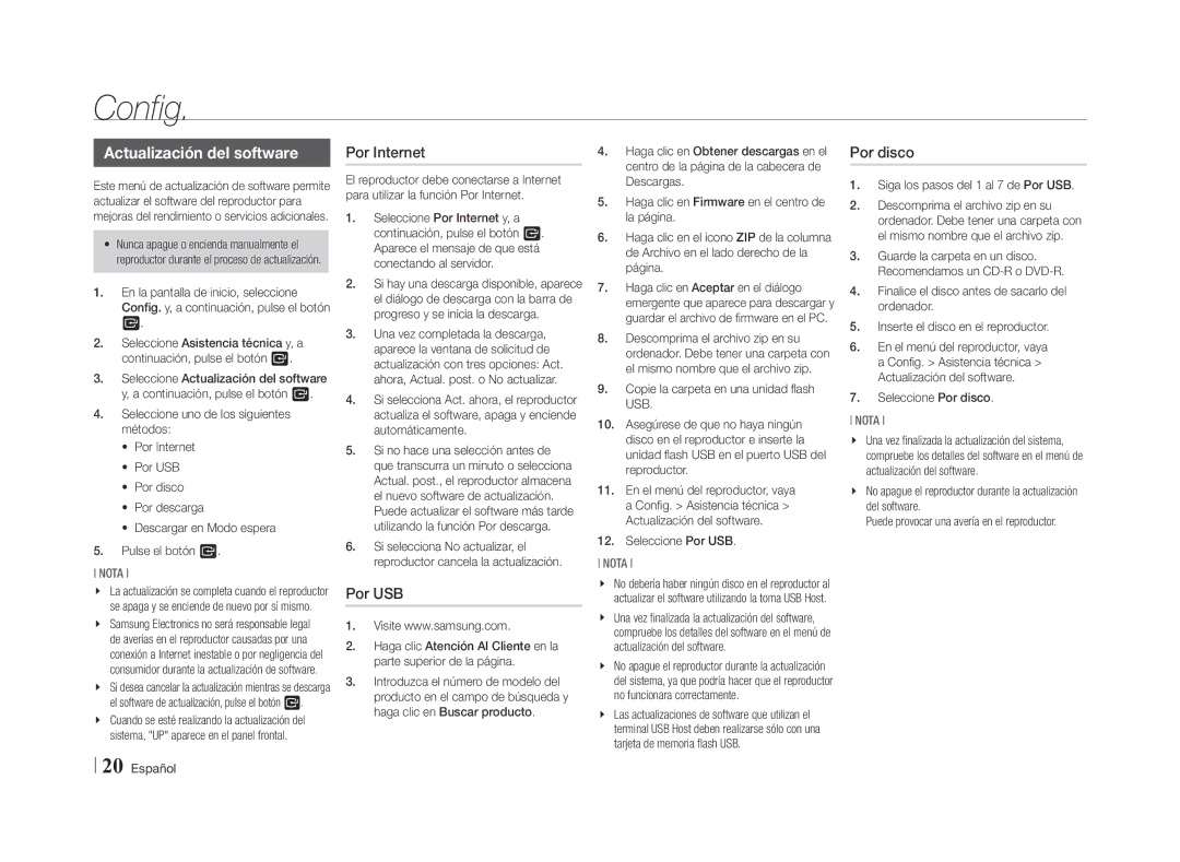 Samsung BD-E5500/ZF, BD-E5500/ZN manual Actualización del software, Por Internet, Por USB, Por disco 