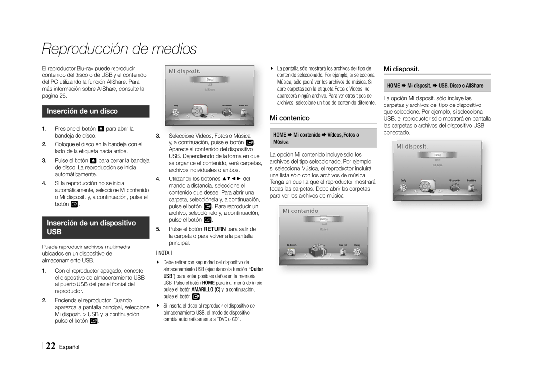 Samsung BD-E5500/ZF Reproducción de medios, Inserción de un disco, Inserción de un dispositivo, Mi contenido, Mi disposit 