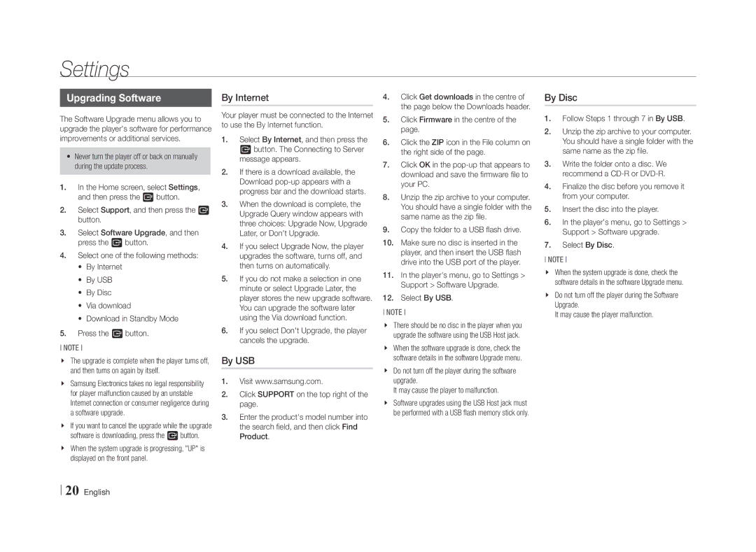 Samsung BD-E5500/ZF, BD-E5500/ZN manual Upgrading Software, By Internet, By USB, By Disc 