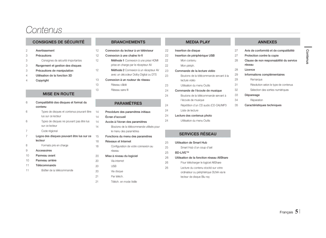 Samsung BD-E5500/ZN, BD-E5500/ZF manual Contenus Français 