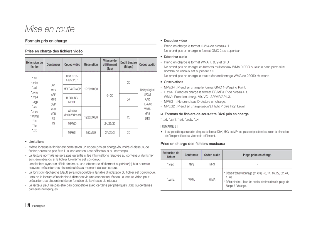 Samsung BD-E5500/ZF manual Formats pris en charge Prise en charge des fichiers vidéo, Prise en charge des fichiers musicaux 