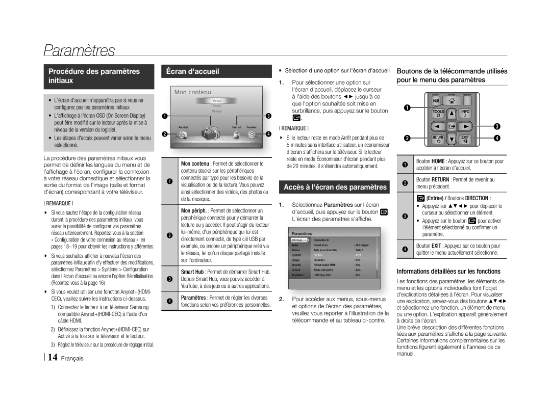 Samsung BD-E5500/ZF, BD-E5500/ZN manual Paramètres, Procédure des paramètres initiaux, Écran daccueil 