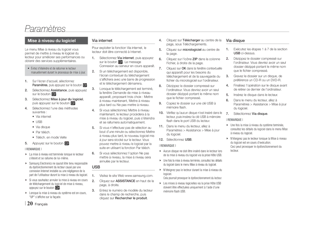 Samsung BD-E5500/ZF, BD-E5500/ZN manual Mise à niveau du logiciel, Via internet, Via disque, Usb 