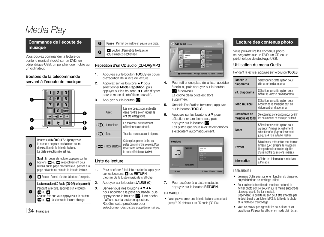 Samsung BD-E5500/ZF manual Commande de lécoute de musique, Lecture des contenus photo, Répétition dun CD audio CD-DA/MP3 