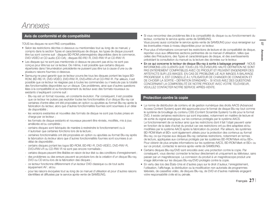 Samsung BD-E5500/ZN, BD-E5500/ZF manual Annexes, Avis de conformité et de compatibilité, Protection contre la copie 