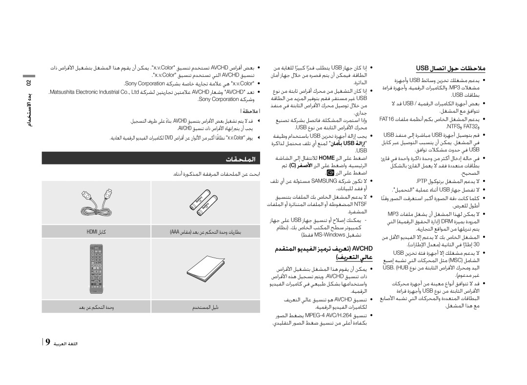 Samsung BD-E5500/ZN, BD-E5500/ZF manual تاقحلملا, Usb لاصتا لوح تاظحلام 