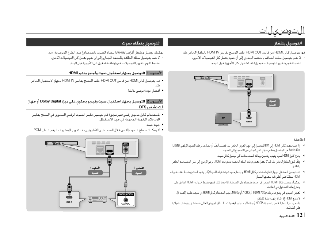 Samsung BD-E5500/ZF تاليصوتلا, توص ماظنب ليصوتلا, زافلتب ليصوتلا, Hdmi معدي ويديفو توص لابقتسا زاهجب ليصوتلا 1 بولسلأا 