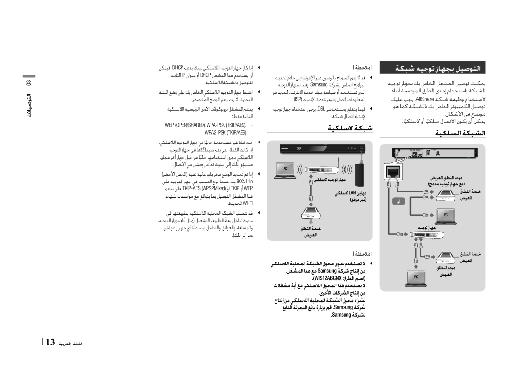 Samsung BD-E5500/ZN, BD-E5500/ZF manual ةكبش هيجوت زاهجب ليصوتلا, ةيكلسلا ةكبش, WPA2-PSK \TKIP/AES 