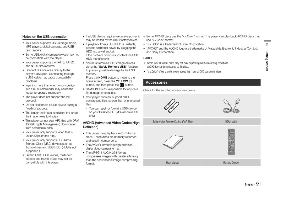 Samsung BD-E5500/ZN Accessories, Avchd Advanced Video Codec High Definition, Check for the supplied accessories below 