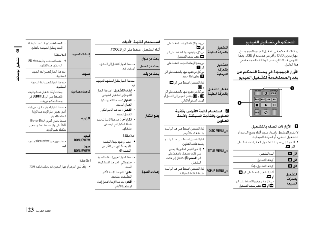 Samsung BD-E5500/ZN, BD-E5500/ZF manual ويديفلا ليغشت يف مكحتلا, تاودلأا ةمئاق مادختسا, ليغشتلاب ةلصلا تاذ رارزلأاq q 