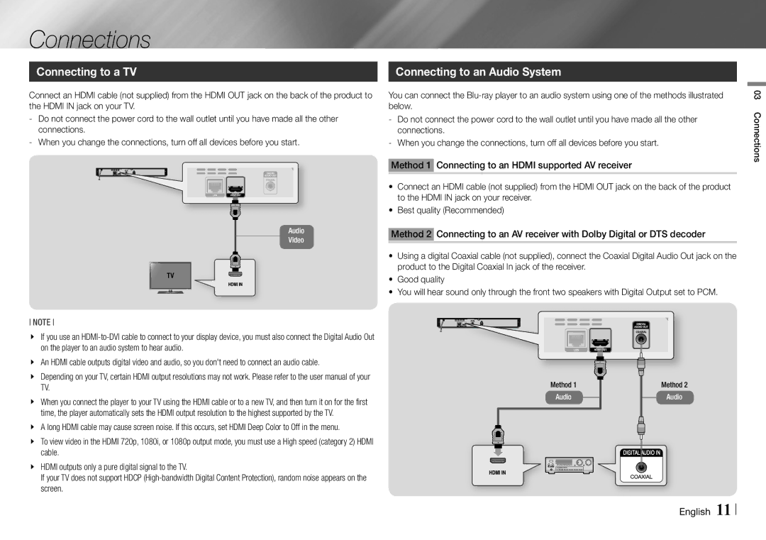 Samsung BD-E5700/ZA user manual Connections, Connecting to a TV 