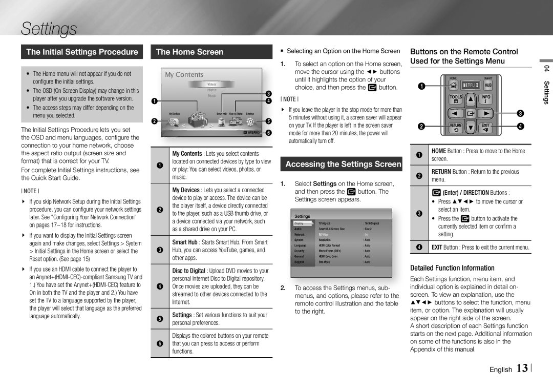 Samsung BD-E5700/ZA user manual Initial Settings Procedure, Home Screen, Accessing the Settings Screen 