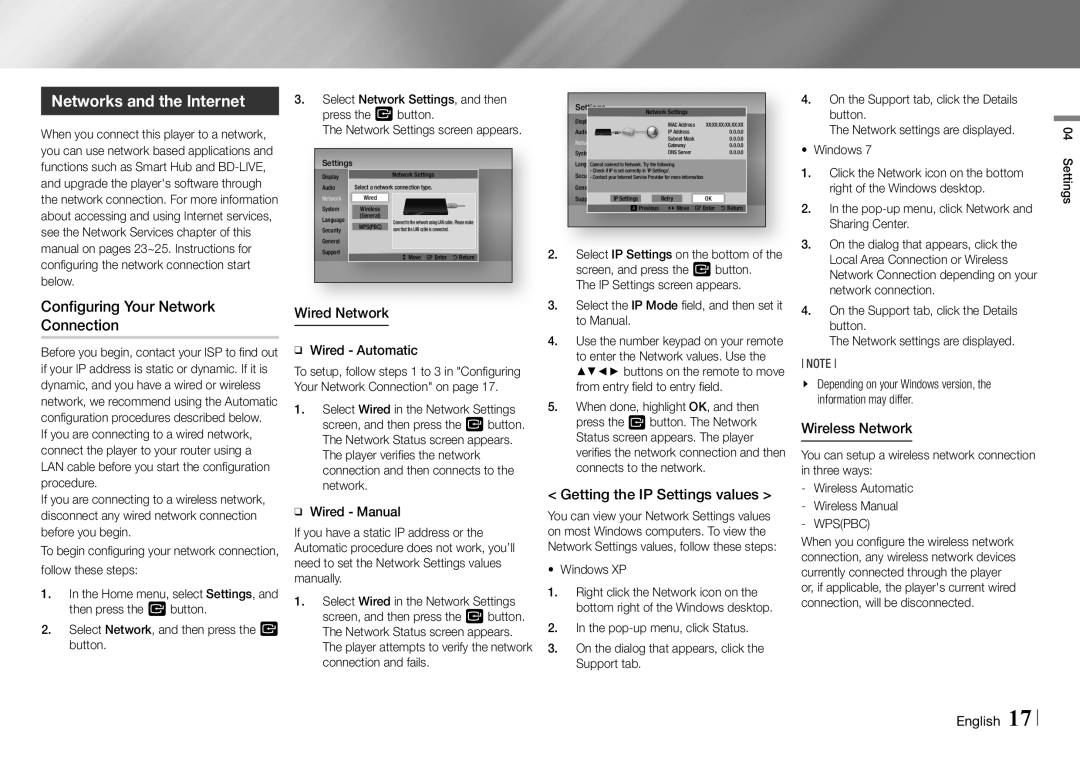 Samsung BD-E5700/ZA Networks and the Internet, Configuring Your Network Connection, Getting the IP Settings values, Wpspbc 