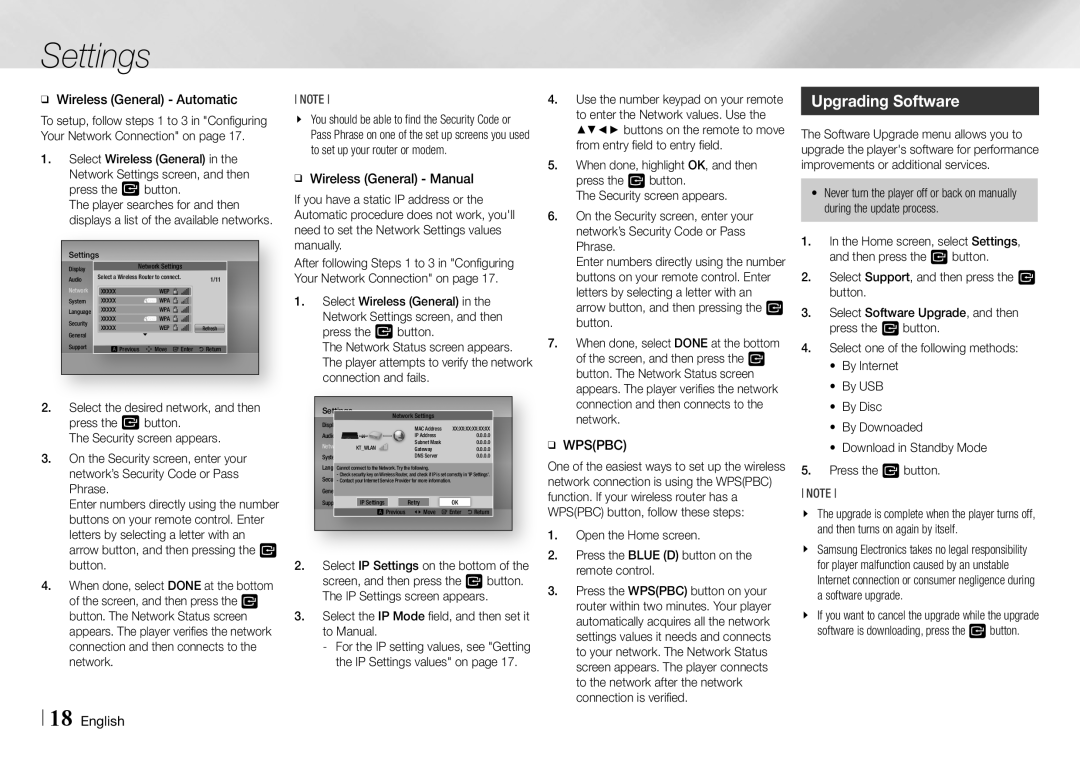 Samsung BD-E5700/ZA Upgrading Software, Select the IP Mode field, and then set it to Manual, IP Settings values on 