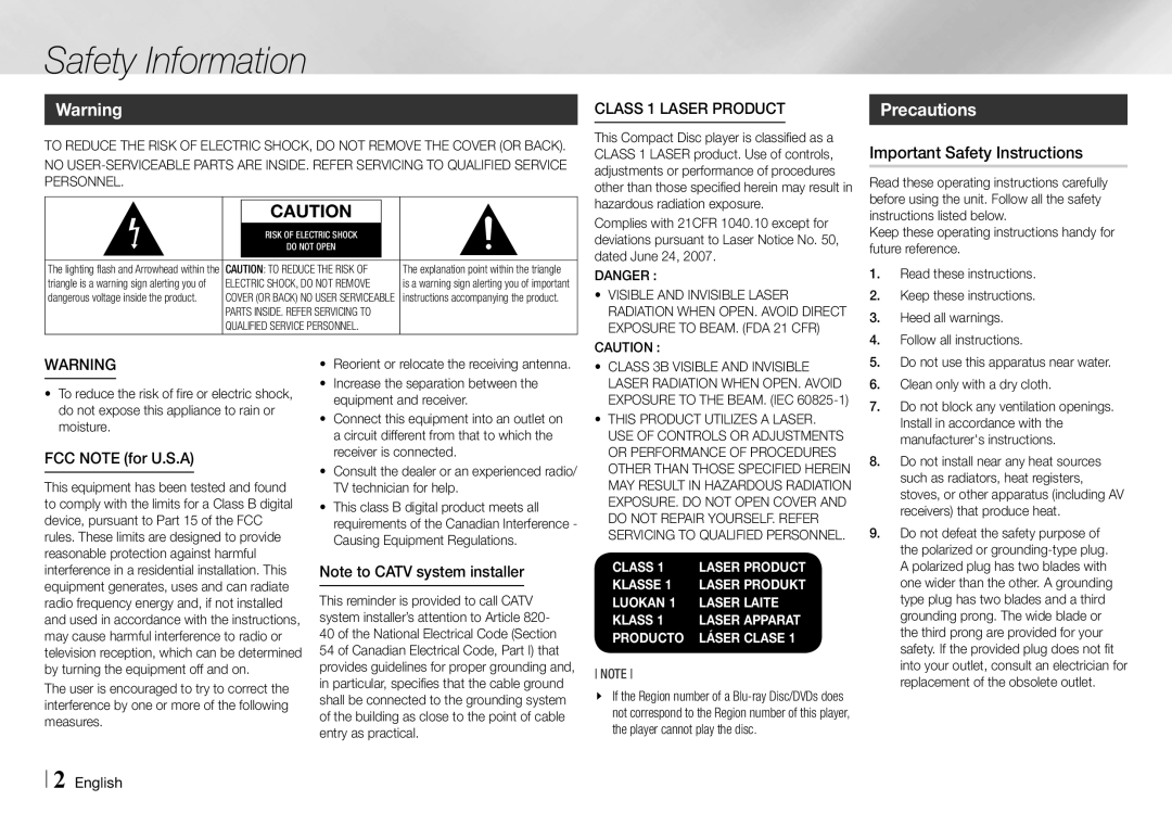 Samsung BD-E5700/ZA user manual Safety Information, Precautions, Class 1 Laser product, Important Safety Instructions 