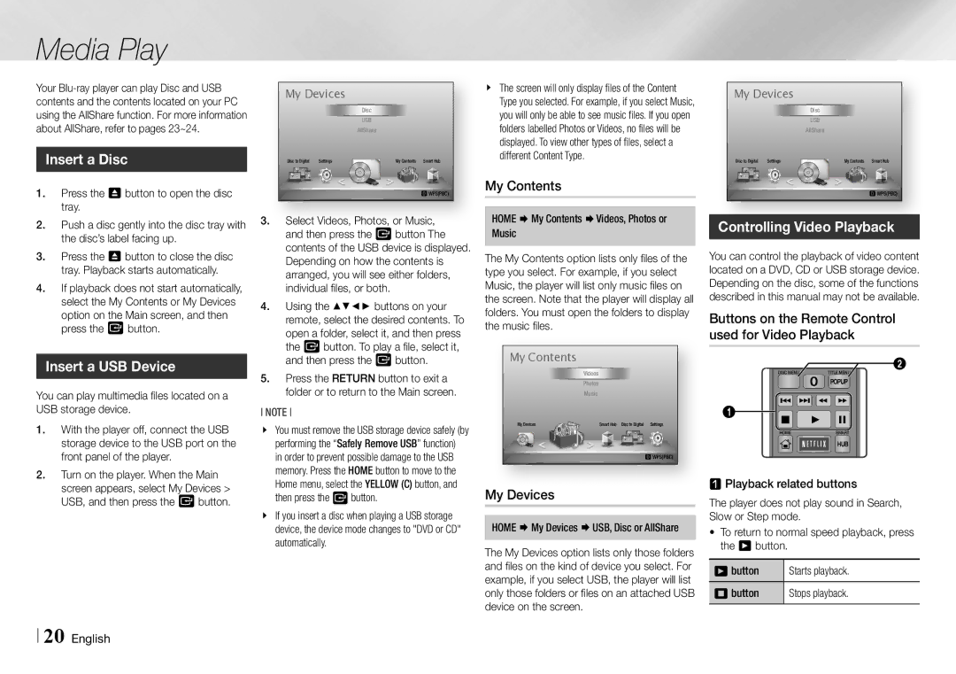 Samsung BD-E5700/ZA user manual Media Play, Insert a Disc, Controlling Video Playback, Insert a USB Device 