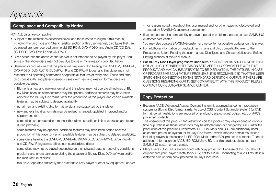 Samsung BD-E5700/ZA Appendix, Compliance and Compatibility Notice, Copy Protection, Not ALL discs are compatible 