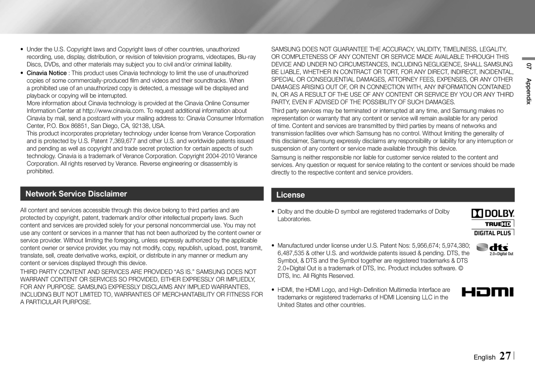 Samsung BD-E5700/ZA user manual Network Service Disclaimer, License 