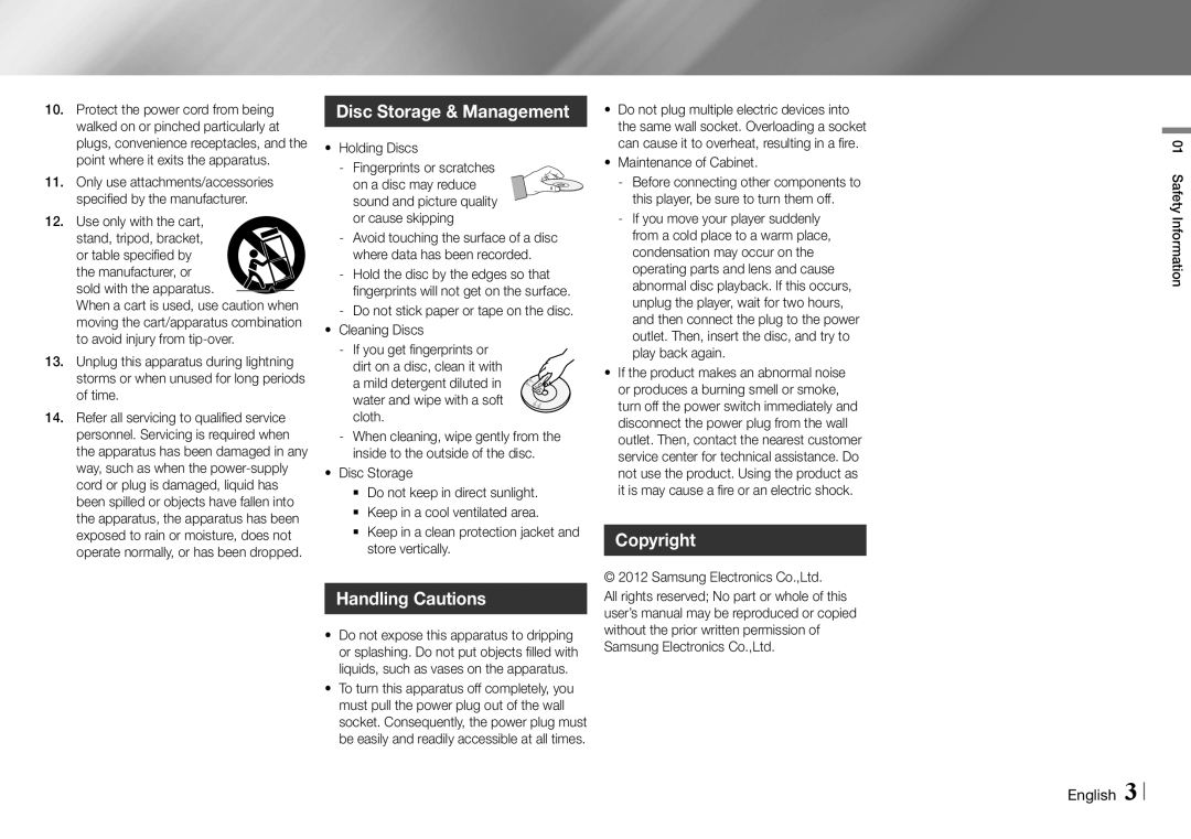 Samsung BD-E5700/ZA user manual Disc Storage & Management, Handling Cautions, Copyright 