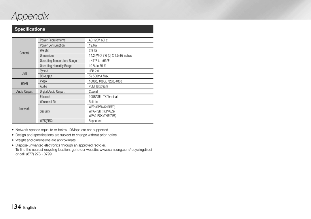 Samsung BD-E5700/ZA user manual Specifications, Wep Open/Shared, Wpa-Psk Tkip/Aes, WPA2-PSK TKIP/AES 