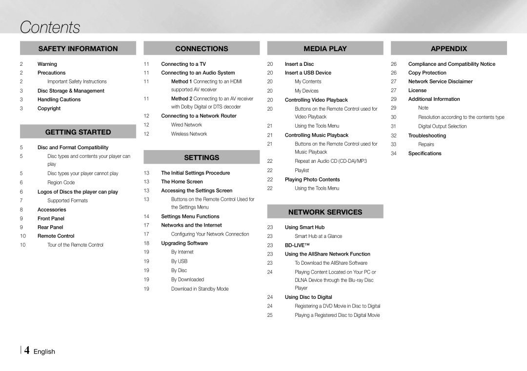 Samsung BD-E5700/ZA user manual Contents 