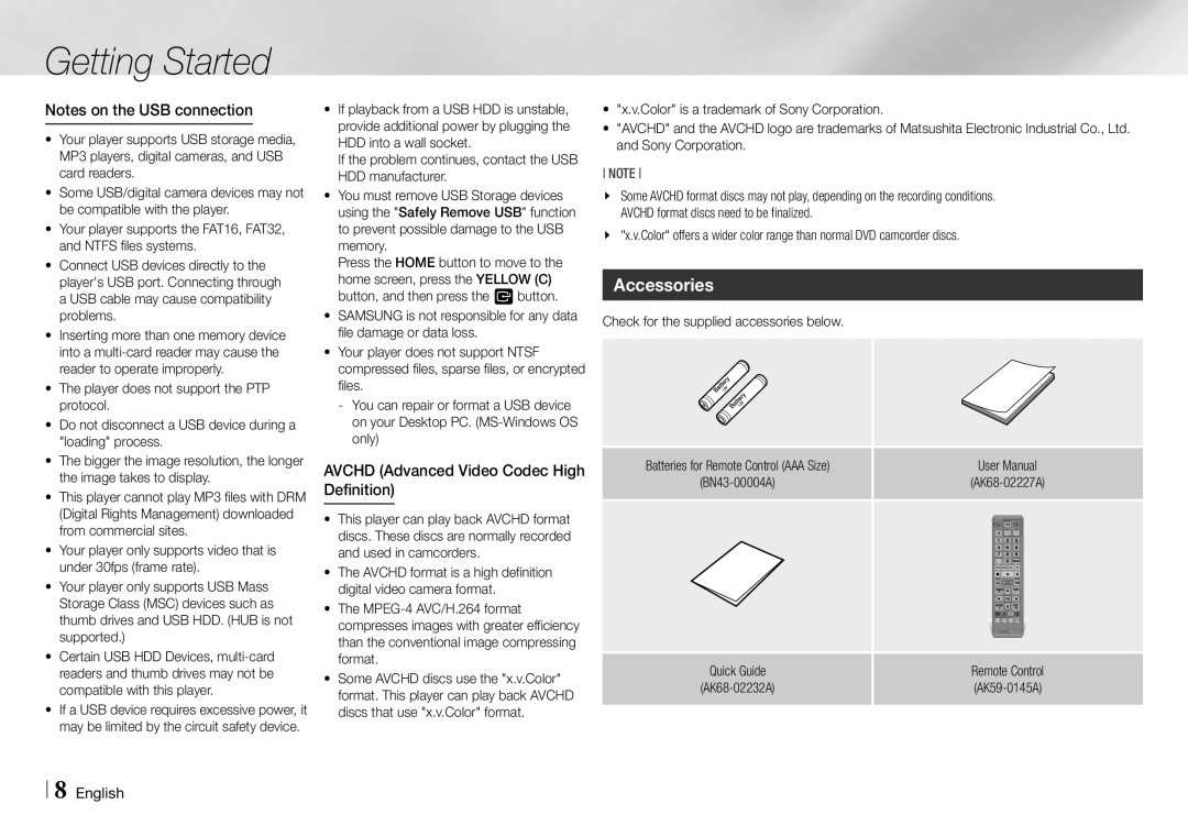 Samsung BD-E5700/ZA Accessories, Avchd Advanced Video Codec High Definition, Color is a trademark of Sony Corporation 