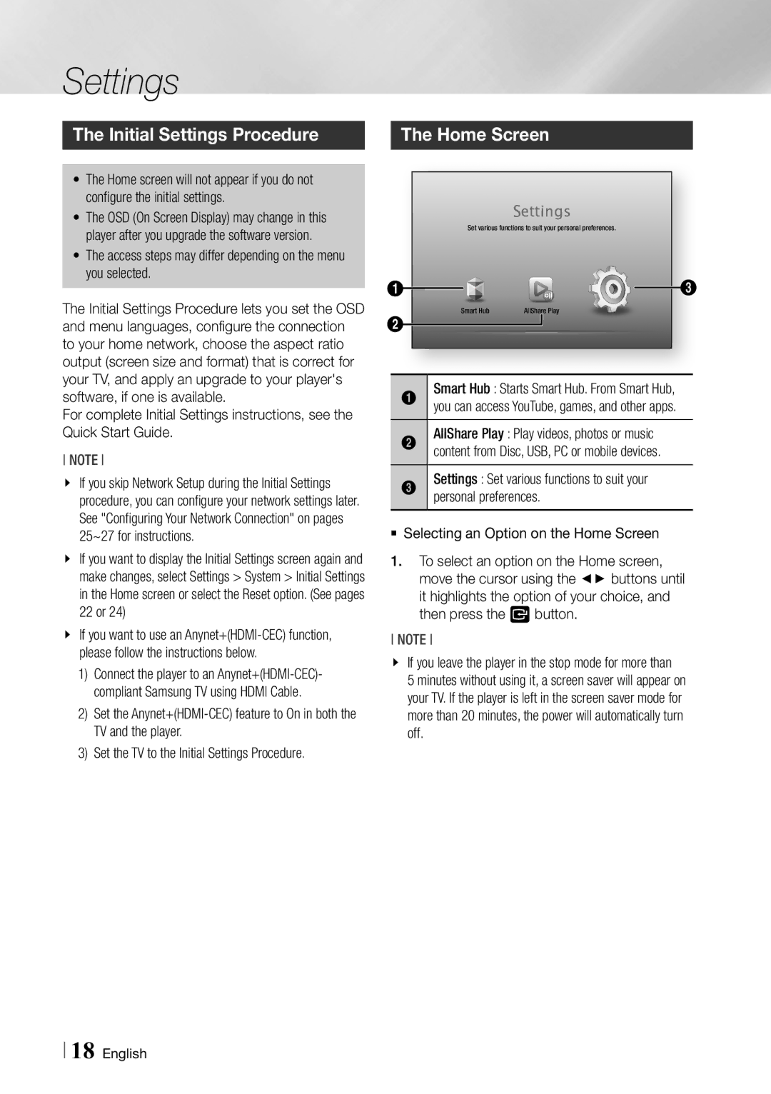 Samsung BD-E6100/EN, BD-E6100/XE manual Initial Settings Procedure, Home Screen, Personal preferences 