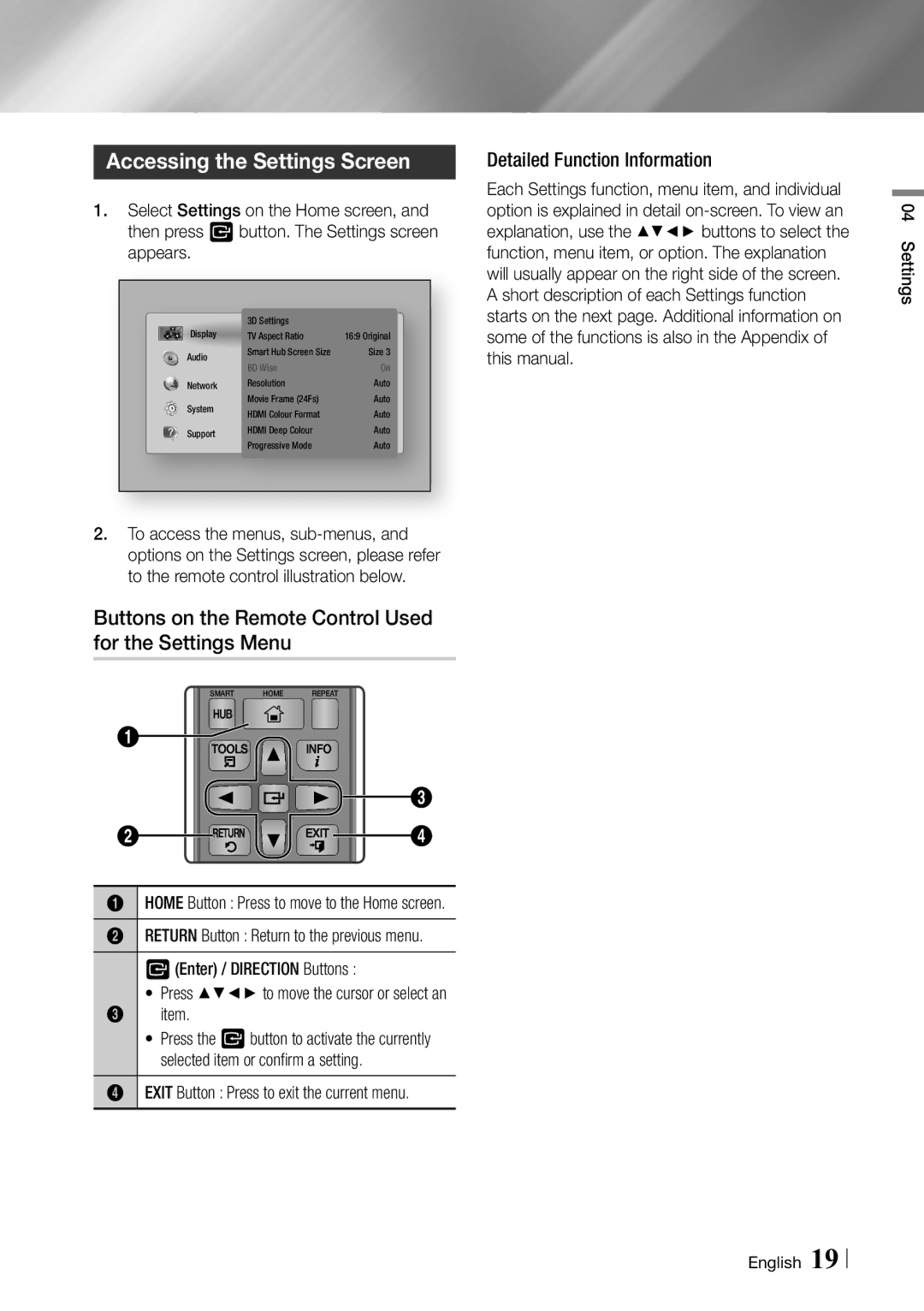 Samsung BD-E6100/XE, BD-E6100/EN Accessing the Settings Screen, Buttons on the Remote Control Used for the Settings Menu 