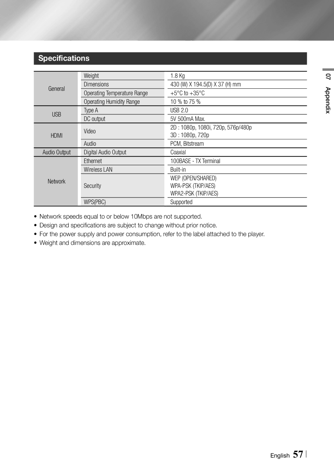 Samsung BD-E6100/XE, BD-E6100/EN manual Specifications, Wep Open/Shared, Wpa-Psk Tkip/Aes, WPA2-PSK TKIP/AES, Wpspbc 