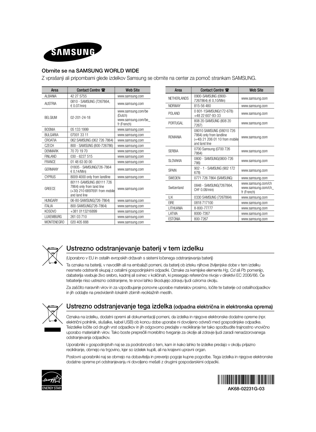 Samsung BD-E6100/XE, BD-E6100/EN manual Ustrezno odstranjevanje baterij v tem izdelku, Area 