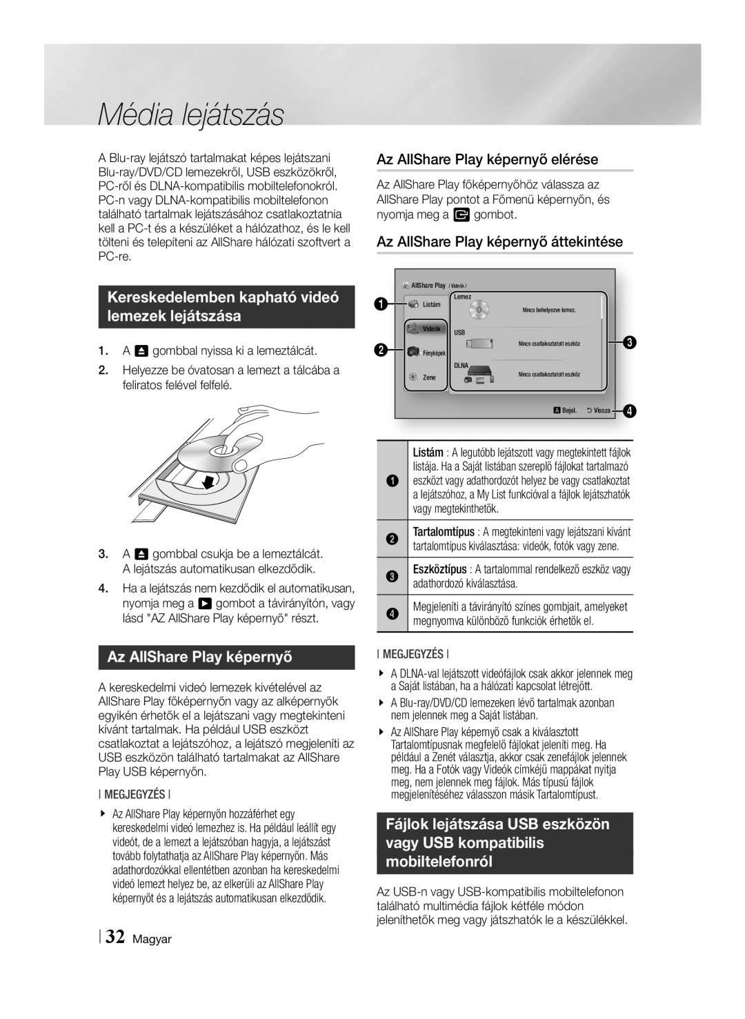 Samsung BD-E6100/EN manual Média lejátszás, Kereskedelemben kapható videó lemezek lejátszása, Az AllShare Play képernyő 