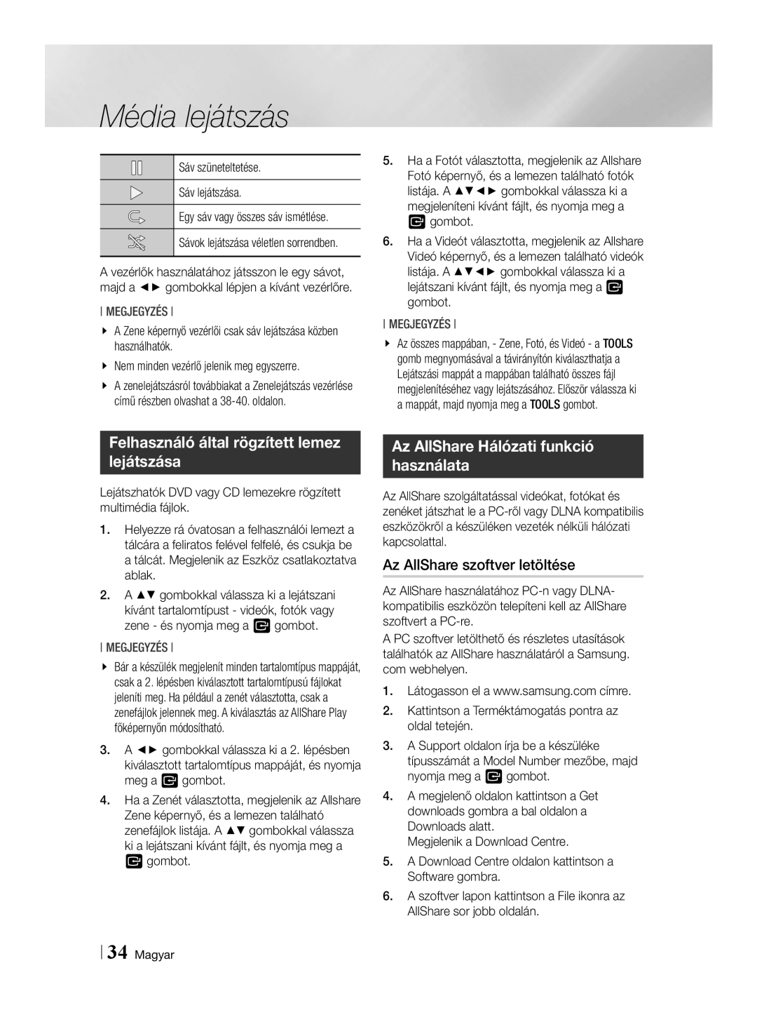 Samsung BD-E6100/EN, BD-E6100/XE Felhasználó által rögzített lemez lejátszása, Az AllShare Hálózati funkció használata 