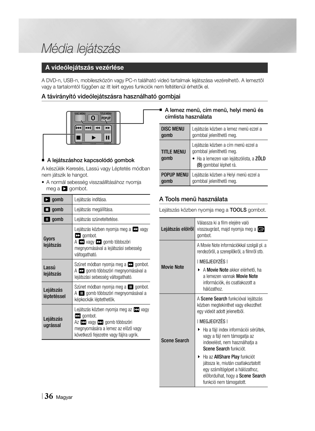 Samsung BD-E6100/EN Videólejátszás vezérlése, Távirányító videólejátszásra használható gombjai, Tools menü használata 