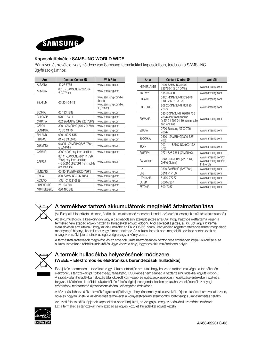 Samsung BD-E6100/EN, BD-E6100/XE manual Termékhez tartozó akkumulátorok megfelelő ártalmatlanítása, Area, Web Site 